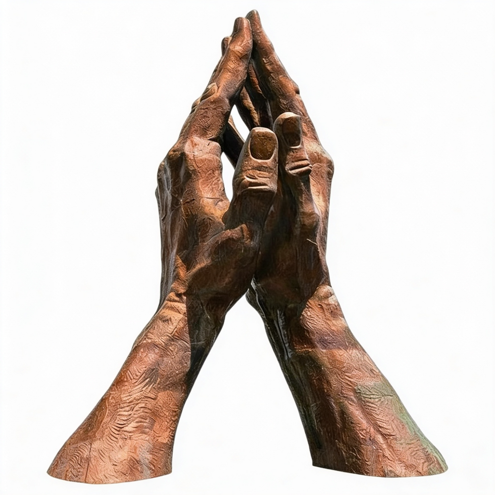 Bronze sculpture of clasped hands on a white background
Bronze prayer gesture sculpture with lifelike anatomical detail