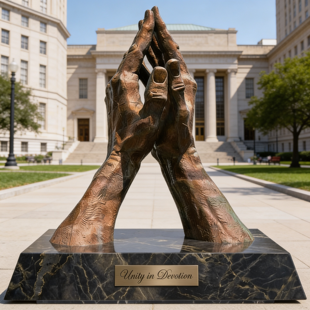 Bronze sculpture of interlocked hands on a marble base in front of a large building.