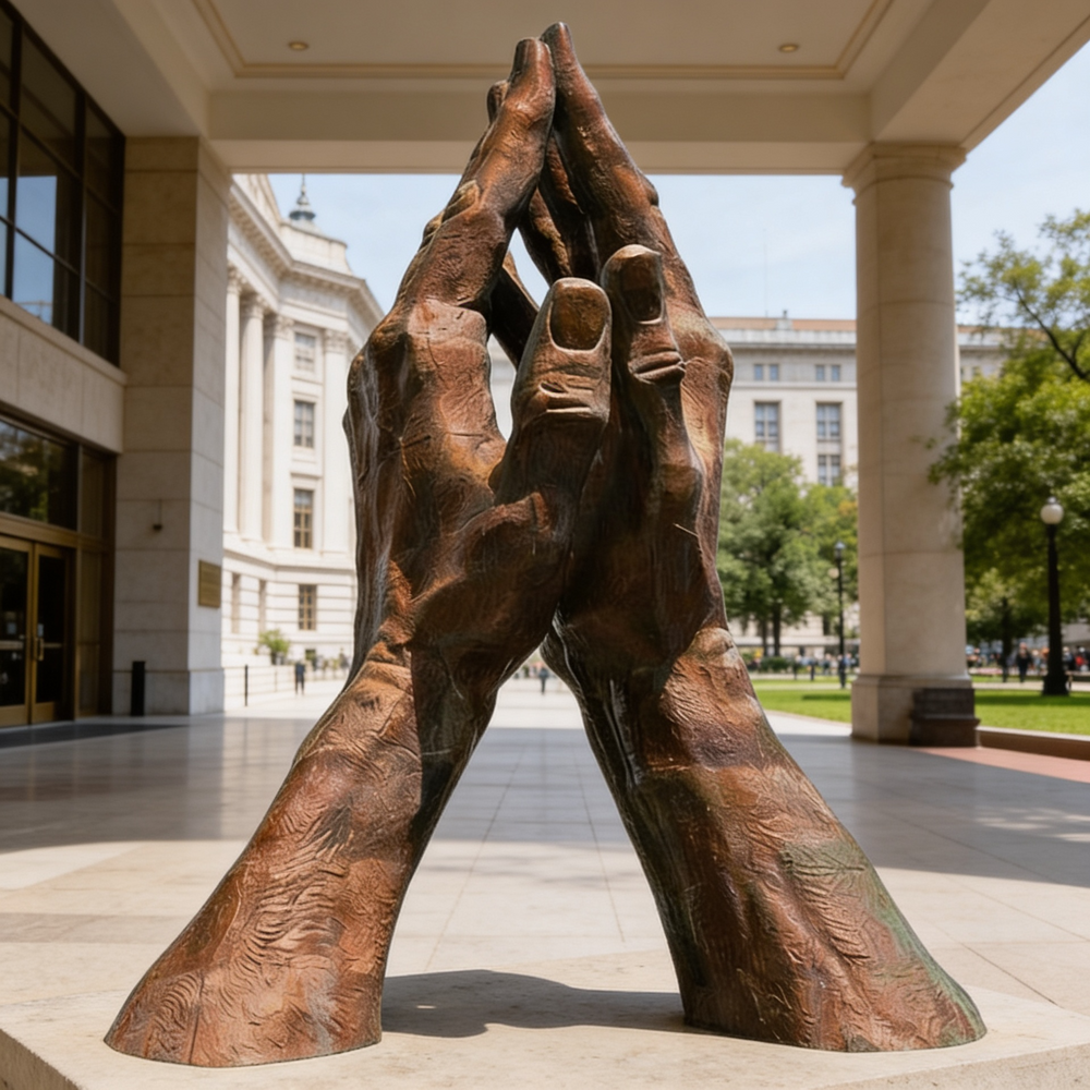 Bronze sculpture of interlocked hands in a public square with classical
architecture.
Realistic bronze hands sculpture symbolizing unity and reverence.