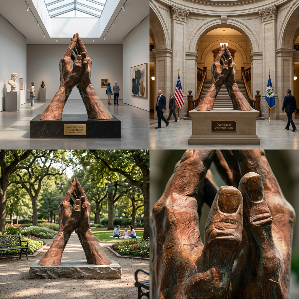 A collage of a large bronze sculpture of interlocked hands in various settings.
Bronze religious sculpture featuring hands in a prayer position