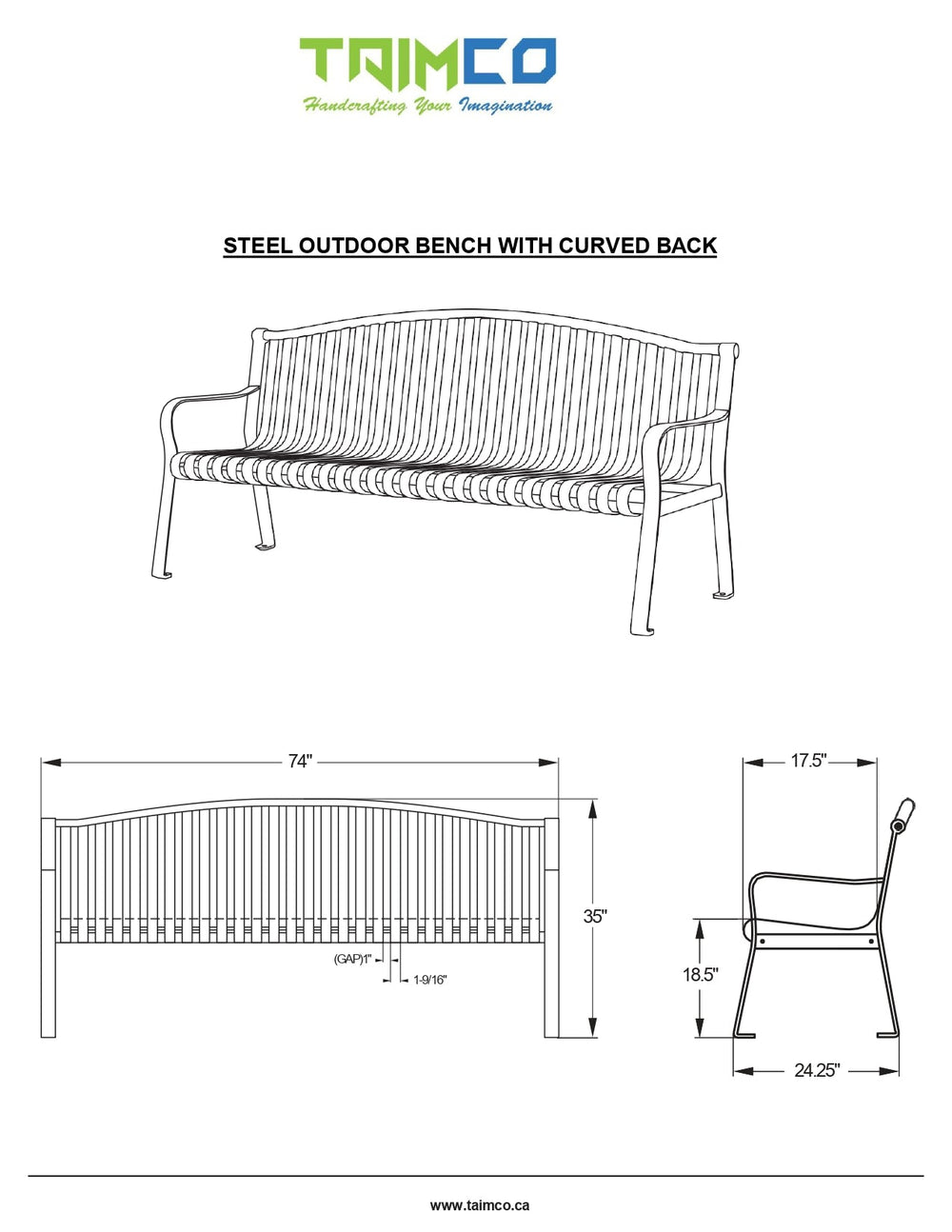 Pack of 5 Commercial metal Bench Top and Back Steel Slatted | Model MB218-Taimco