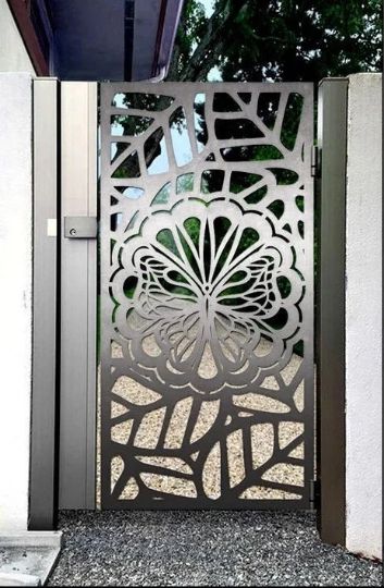 Simplistic Laser Cut Artistic Butterfly & Floral Design Iron Gate | Modern Fabrication Metal Garden Gate | Made in Canada – Model # 780-Taimco