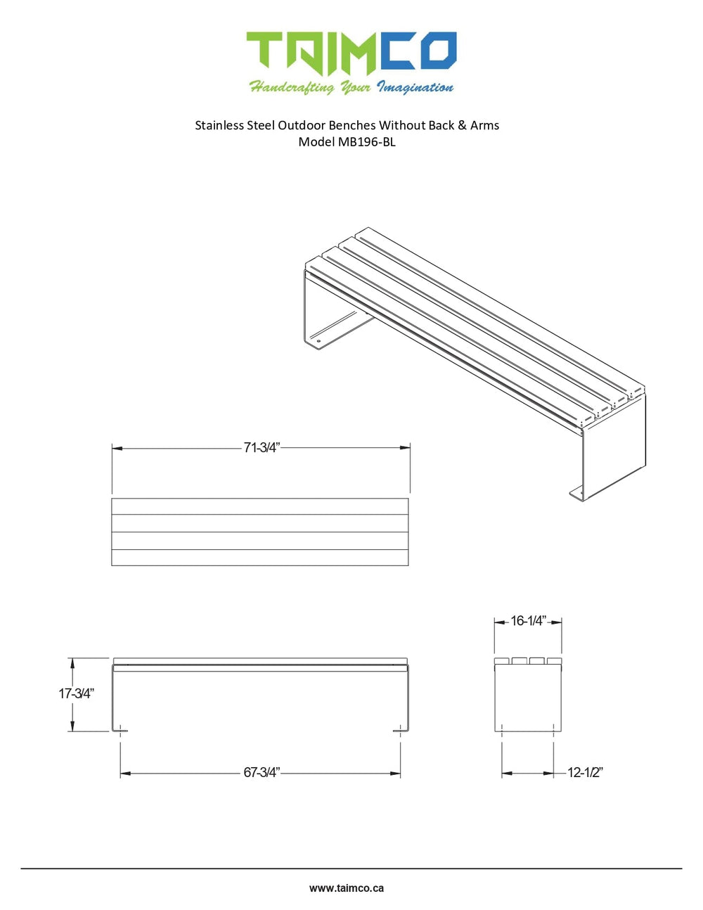 Stainless Steel Outdoor Benches Without Back & Arms | Model MB196-BL-Taimco