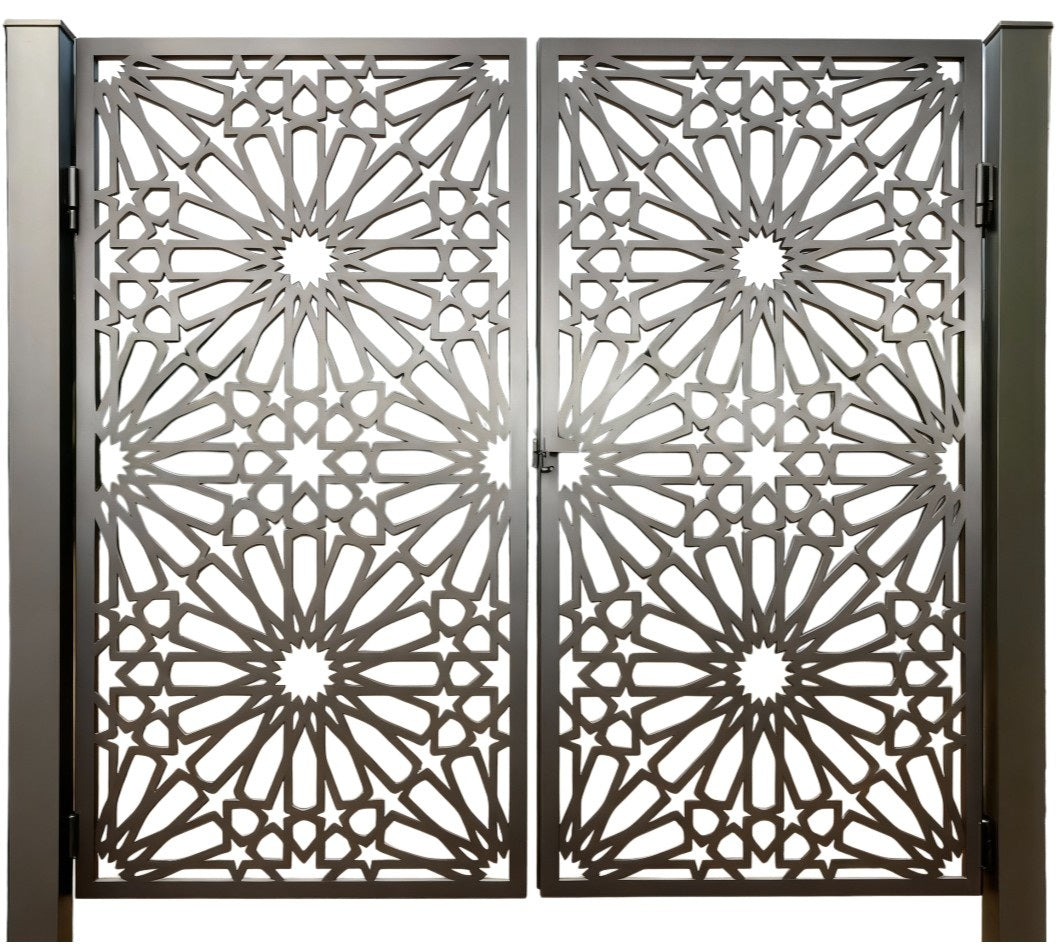 Starcrest Passage – Double-panel metal man door with Islamic-inspired radial starburst and interlocking polygon lattice Model # MG755