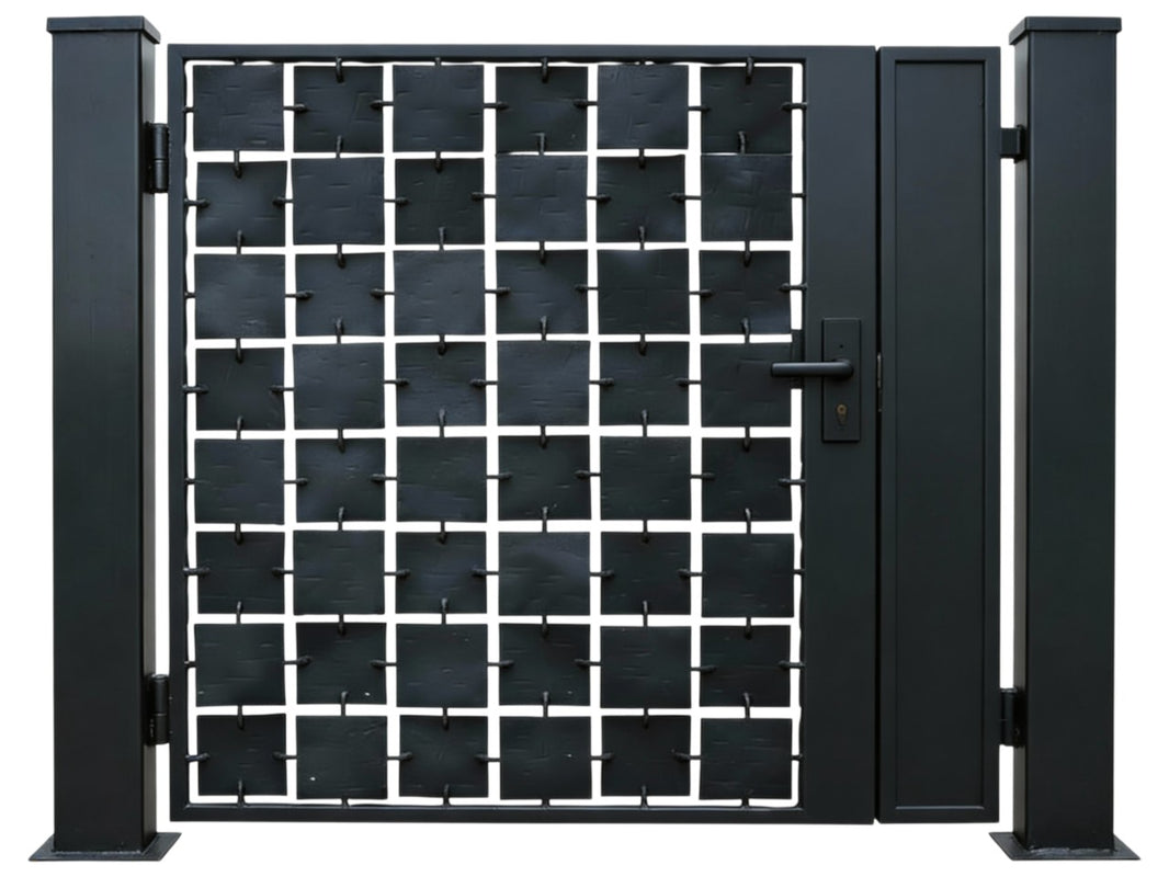 Gridlink Passage – Modern ornamental metal man door with square plate lattice and minimalist rod connectors Model # MG249