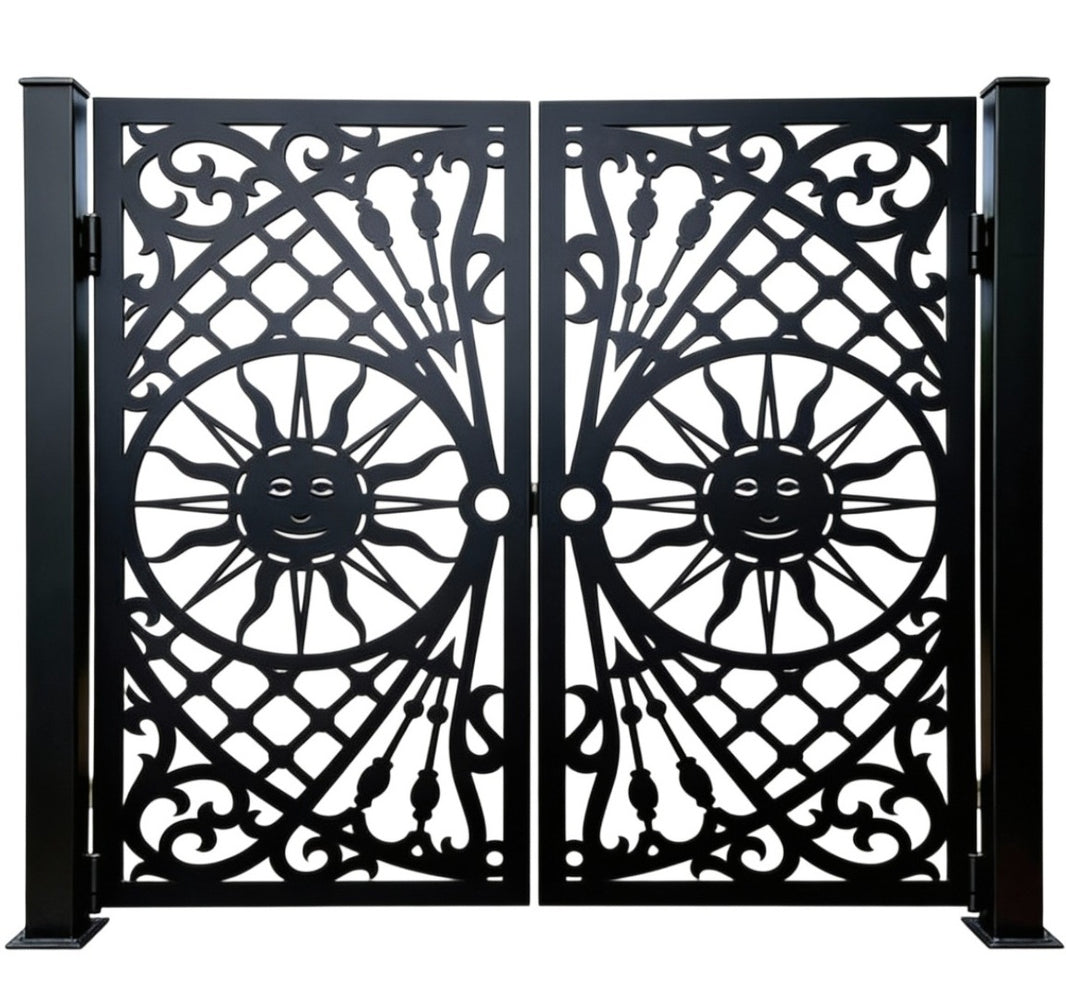 Solveil Passage – Ornamental wrought iron man door with radiant sun medallions and scrollwork lattice Model # MG791