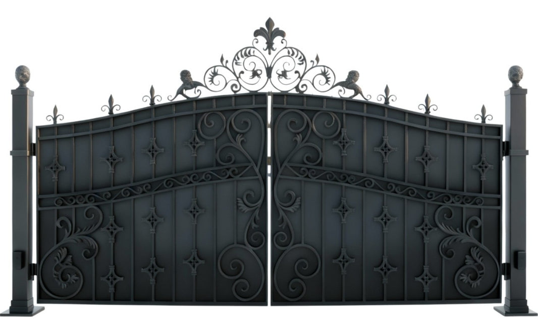 Lion crest Fleur – Wrought Iron Gate with Fleur-de-lis Crest & Sculpted Pillars Model # DWG115