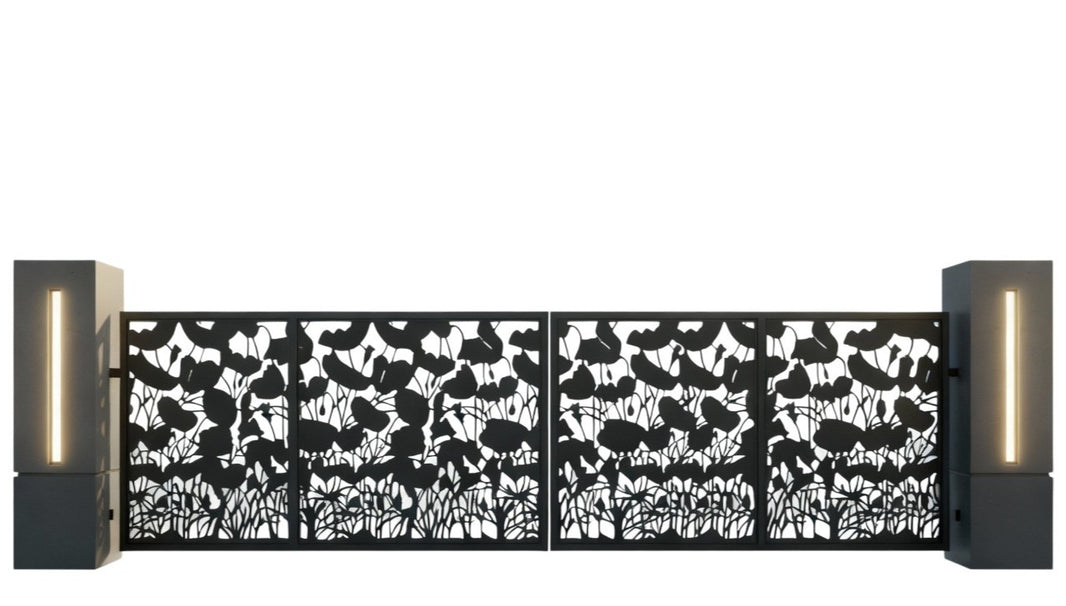 Poppy veil Luxe – Four-Panel Floral Cutout Steel Driveway Gate Model # DWG104