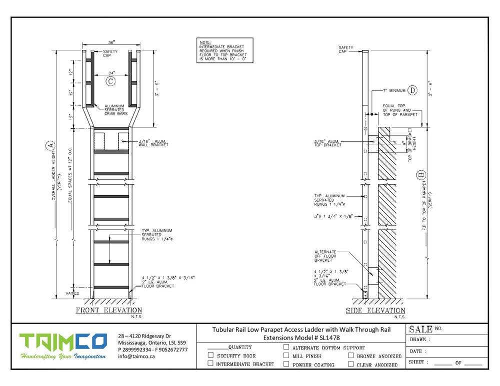 Tubular Rail Low Parapet Access Metal Ladder with Walk Through Rail Extensions | Model # SL1478-Taimco