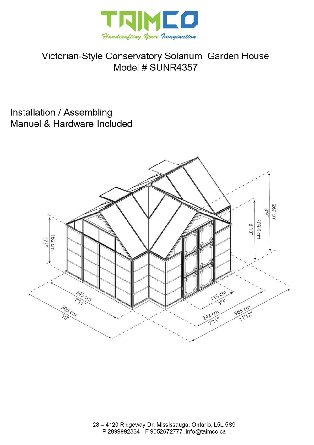 Victorian-Style Conservatory Solarium House - Garden House – Model # SUNR4357-Taimco