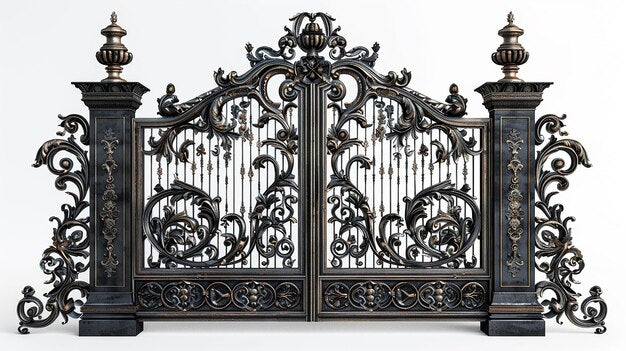 Elegant Ornamental Wrought Iron Gate with Symmetrical Floral Motifs Model # 181