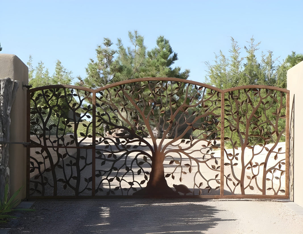 3-Panel Laser Cut Tree Design Driveway Gate | Custom Fabricated Gate | Made in Canada – Model # 090-Taimco