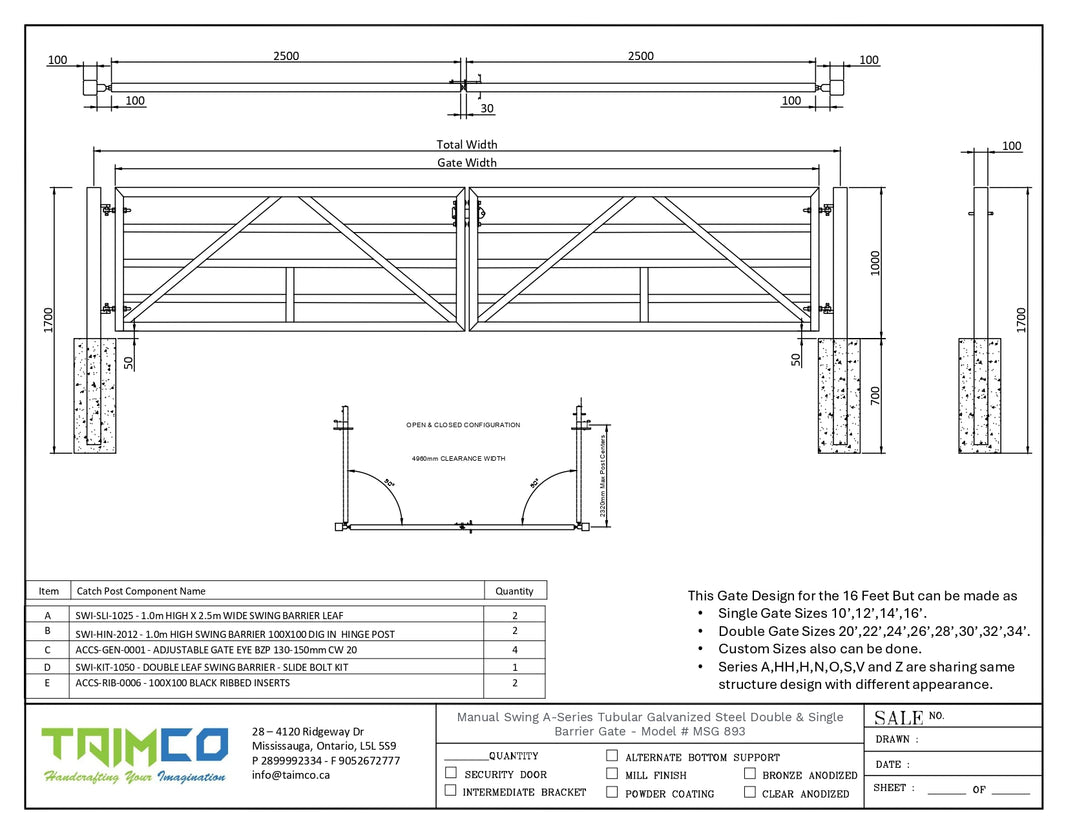 Manual Swing A-Series Tubular Galvanized Steel Double and Single Barrier Gate | Made in Canada– Model # MSG 893