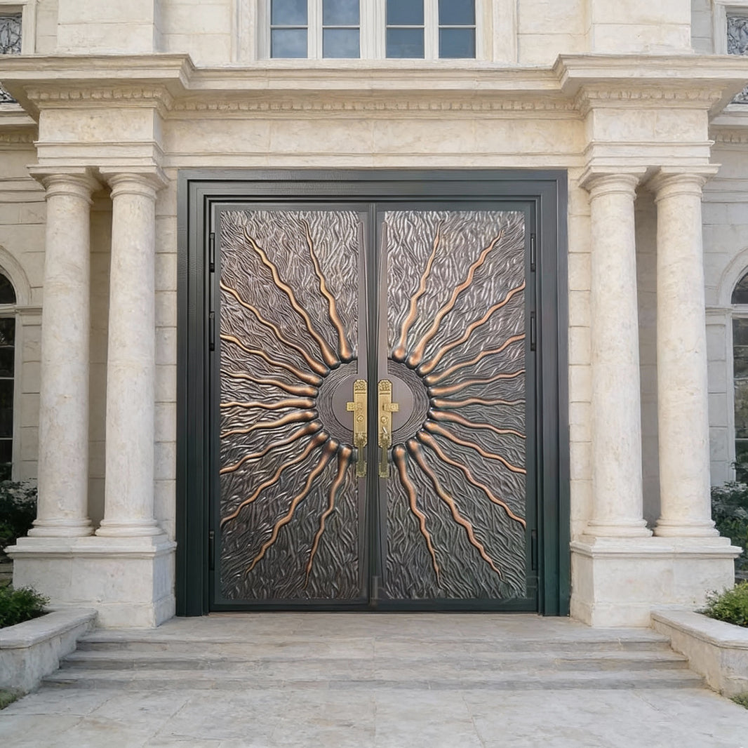 Handcrafted Steel Double Entry Door with Sunburst Medallion Model # A3DC1089