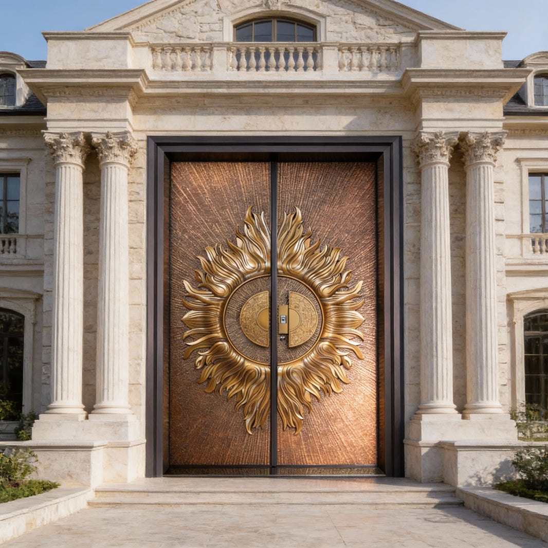 Handcrafted Steel Double Entry Door with Flame-Rayed Sunburst – Ornate Gold Medallion & Radial Bronze Texture Model # A3DC4326