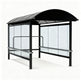 Rear angle of shopping cart shelter with curved roof and full glass back panel.