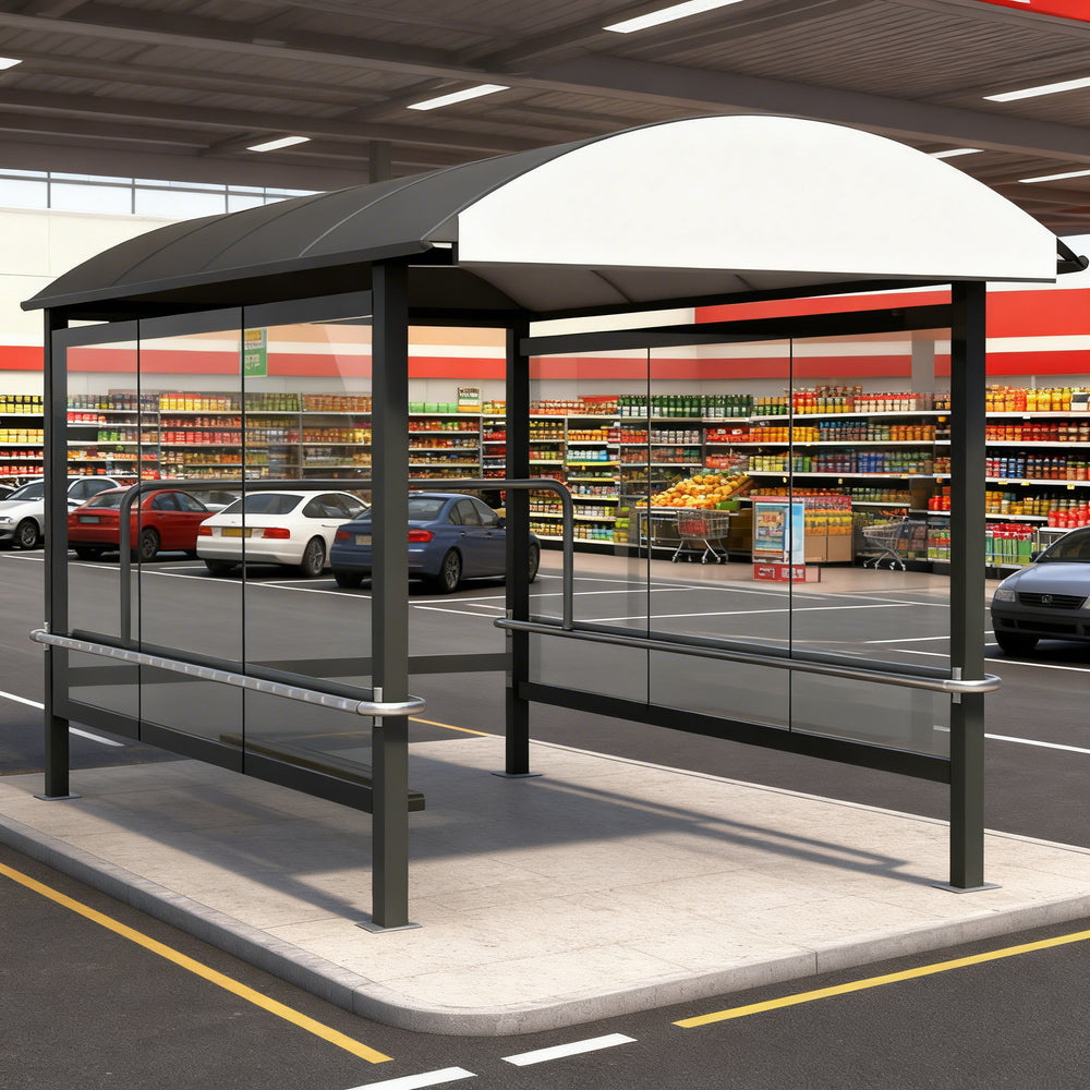 Interior of TAIMCO shopping cart shelter with steel frame and horizontal railings for organized cart storage.