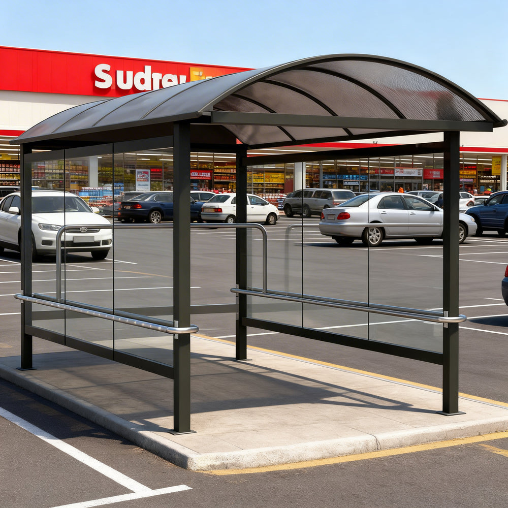 Close‑up of curved translucent roof panel on TAIMCO shopping cart shelter showing weather‑resistant construction.