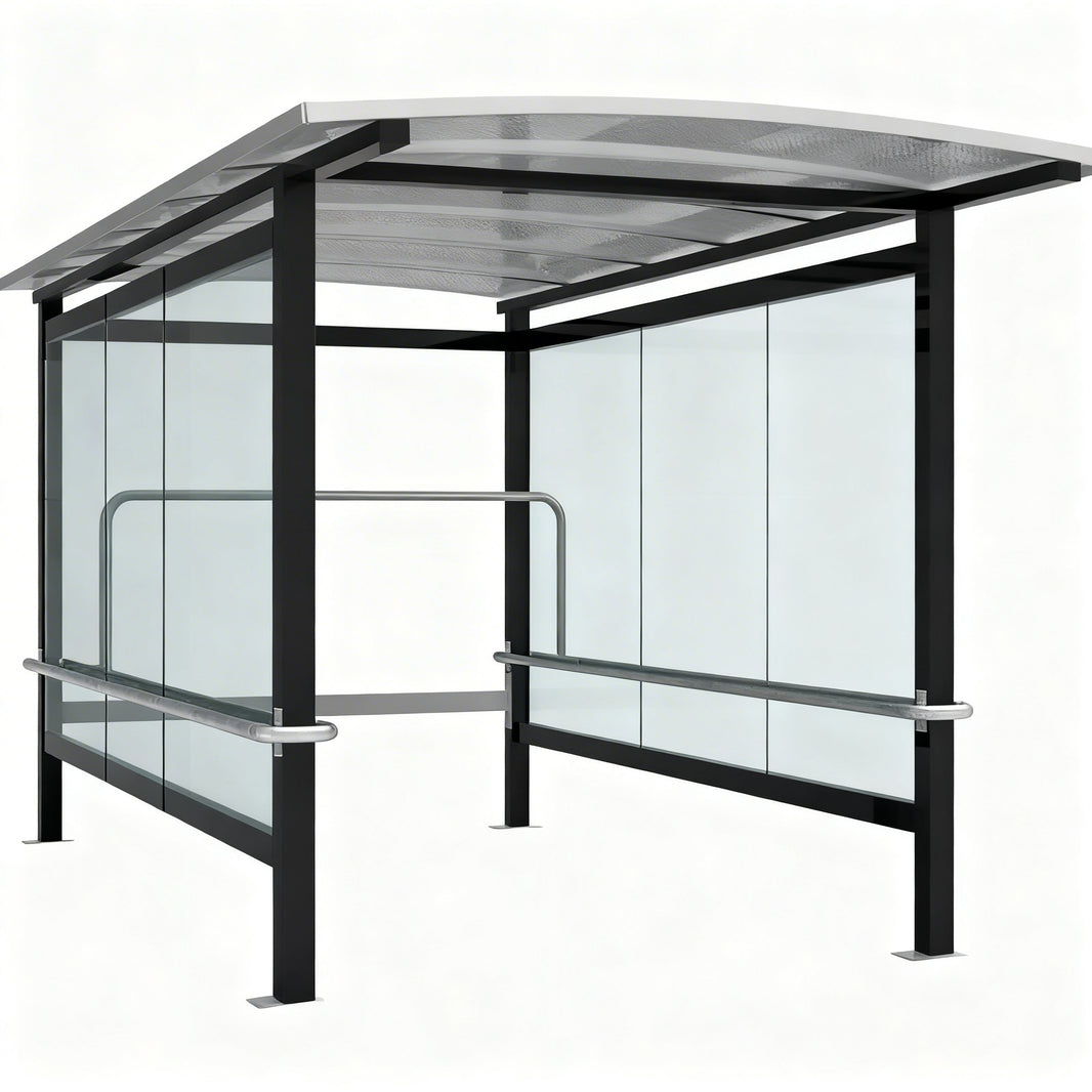 TAIMCO shopping cart shelter with curved translucent roof and full glass side panels.