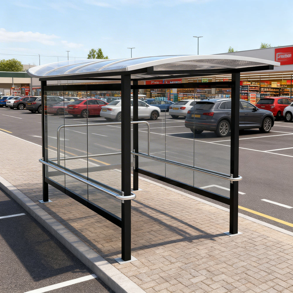 Close‑up of curved translucent roof panel on TAIMCO shopping cart shelter showing weather‑resistant construction.
