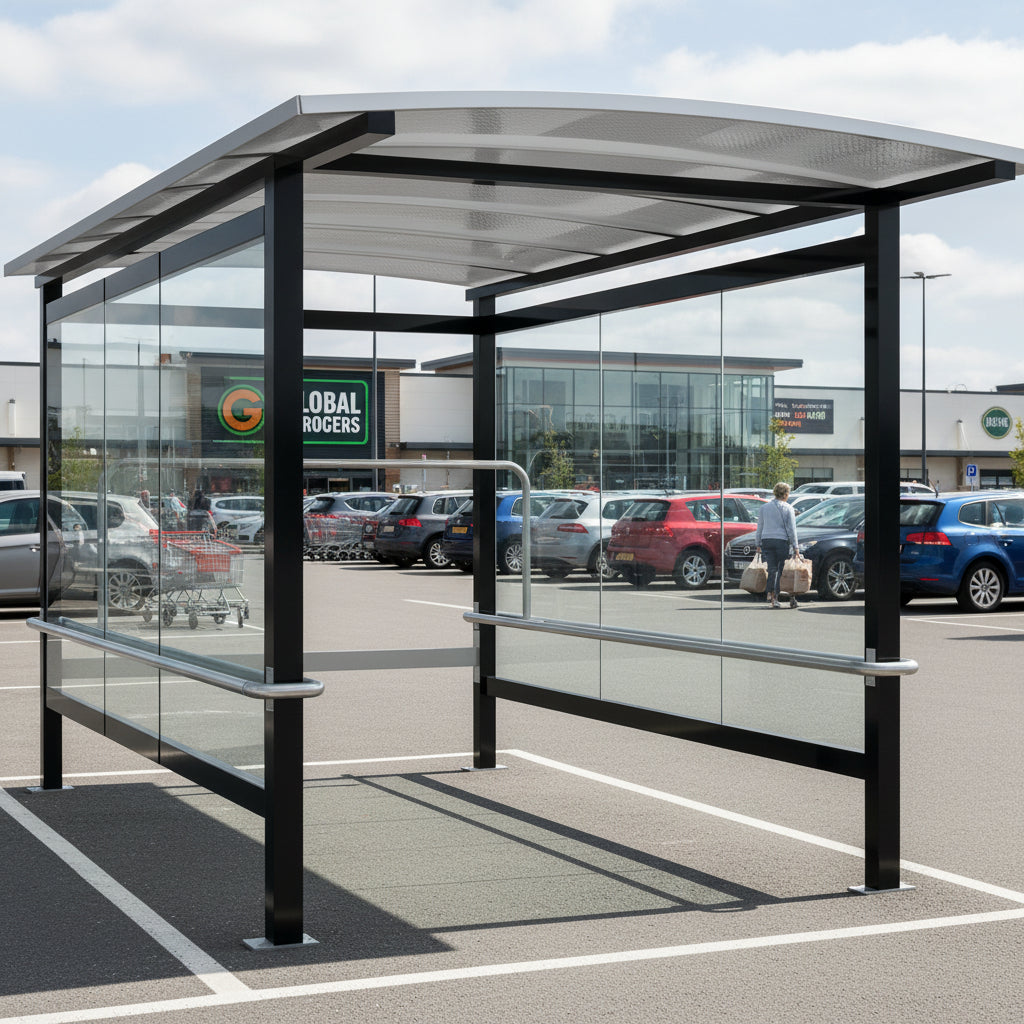 Side profile of modern shopping cart shelter featuring curved roof design and transparent glass enclosure.