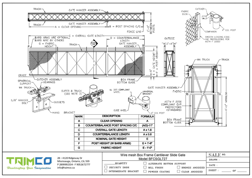 Box Frame Top Cantilever Slide Aluminum Gate Panel - Chain Link Model BFCSGO727