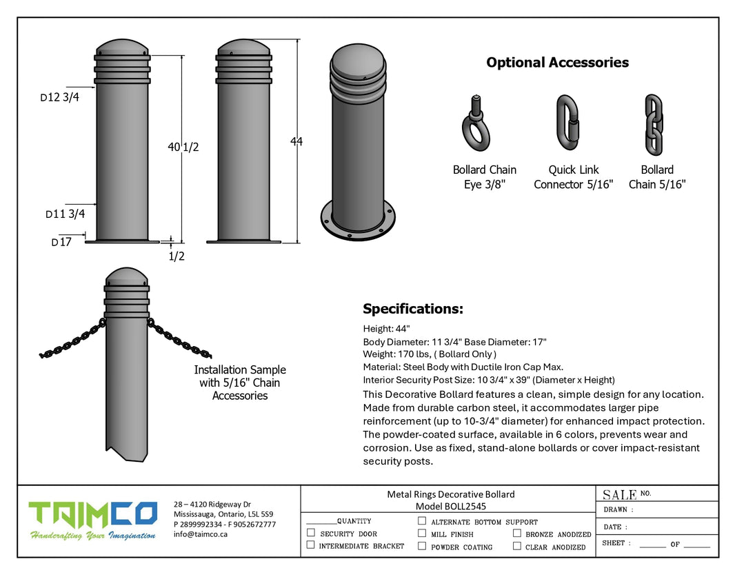 Metal Rings Decorative Bollard Simple Design - Powder Coted - Model BOLL2545