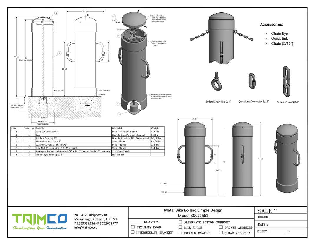 Metal Bike Bollard Simple Design - Powder Coted - Model BOLL2561