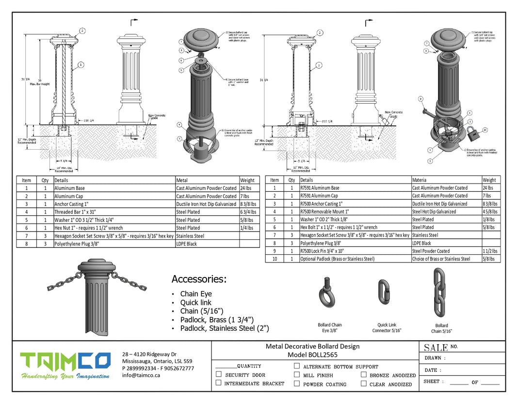 Metal Decorative Bollard Design - Powder Coted - Model BOLL2565