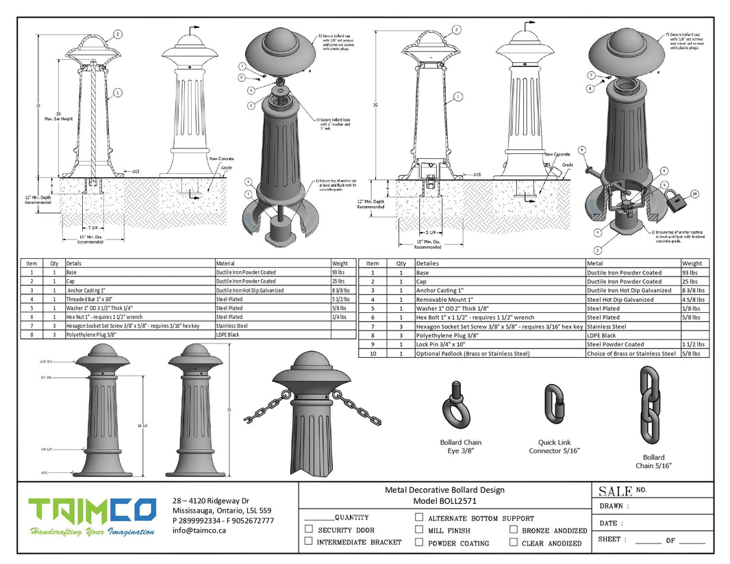 Metal Decorative Bollard Design - Powder Coted - Model BOLL2571