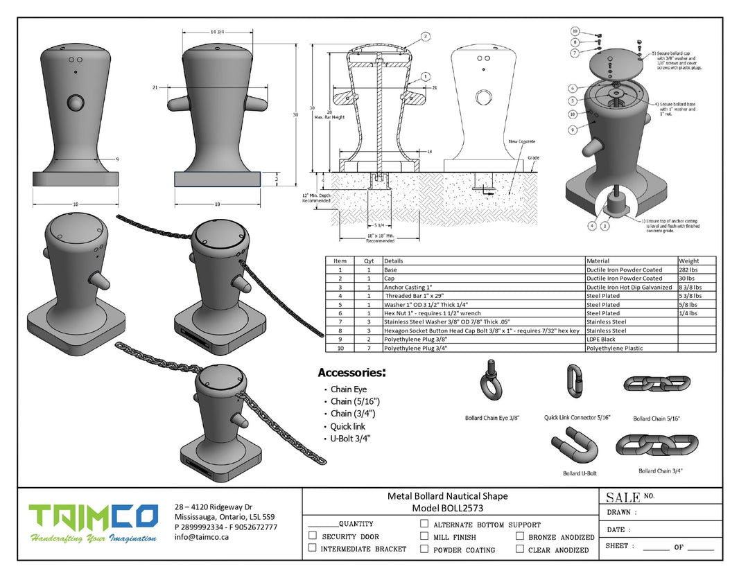 Metal Bollard Nautical Shape - Powder Coted - Model BOLL2573