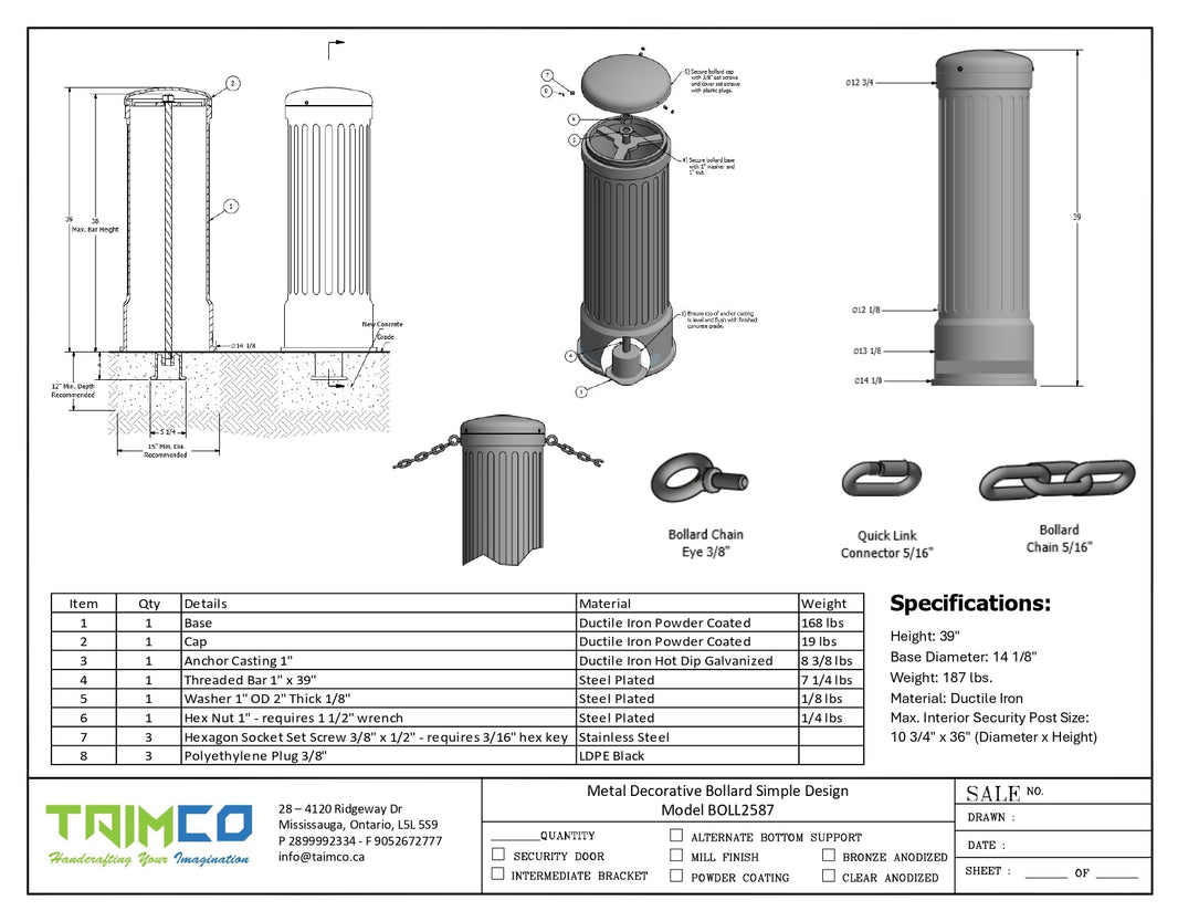 Metal Decorative Bollard Simple Design - Powder Coted - Model BOLL2587