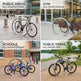 Bicycle racks in various public settings including a plaza, gym entrance, school courtyard, and park path.