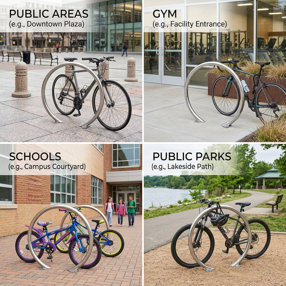 Bicycle racks in various public settings including a plaza, gym entrance, school courtyard, and park path.