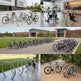 Collage of bicycle racks and bikes in various settings including a building, gym, and outdoor areas.