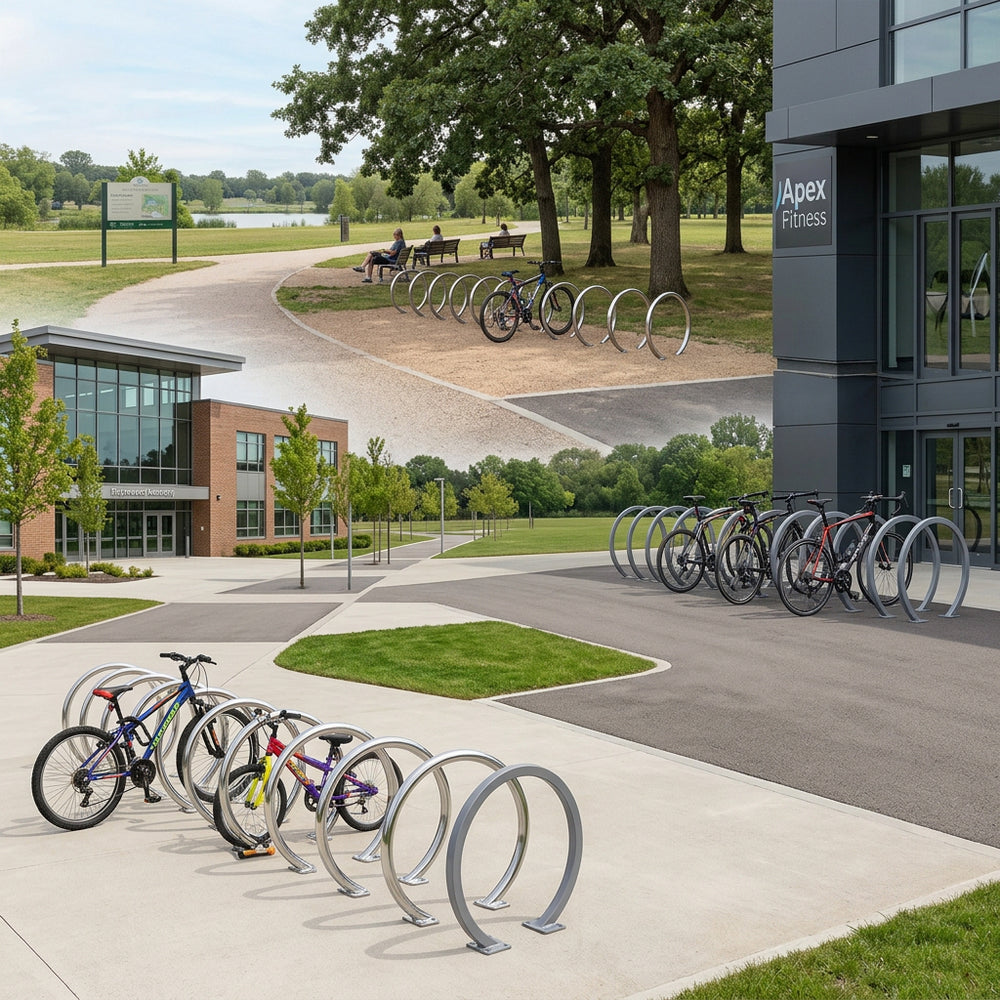Bicycle racks with bikes outside a building labeled 'Apex Fitness'.