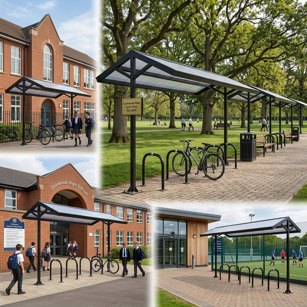 Collage of bicycle racks and covered areas in various settings