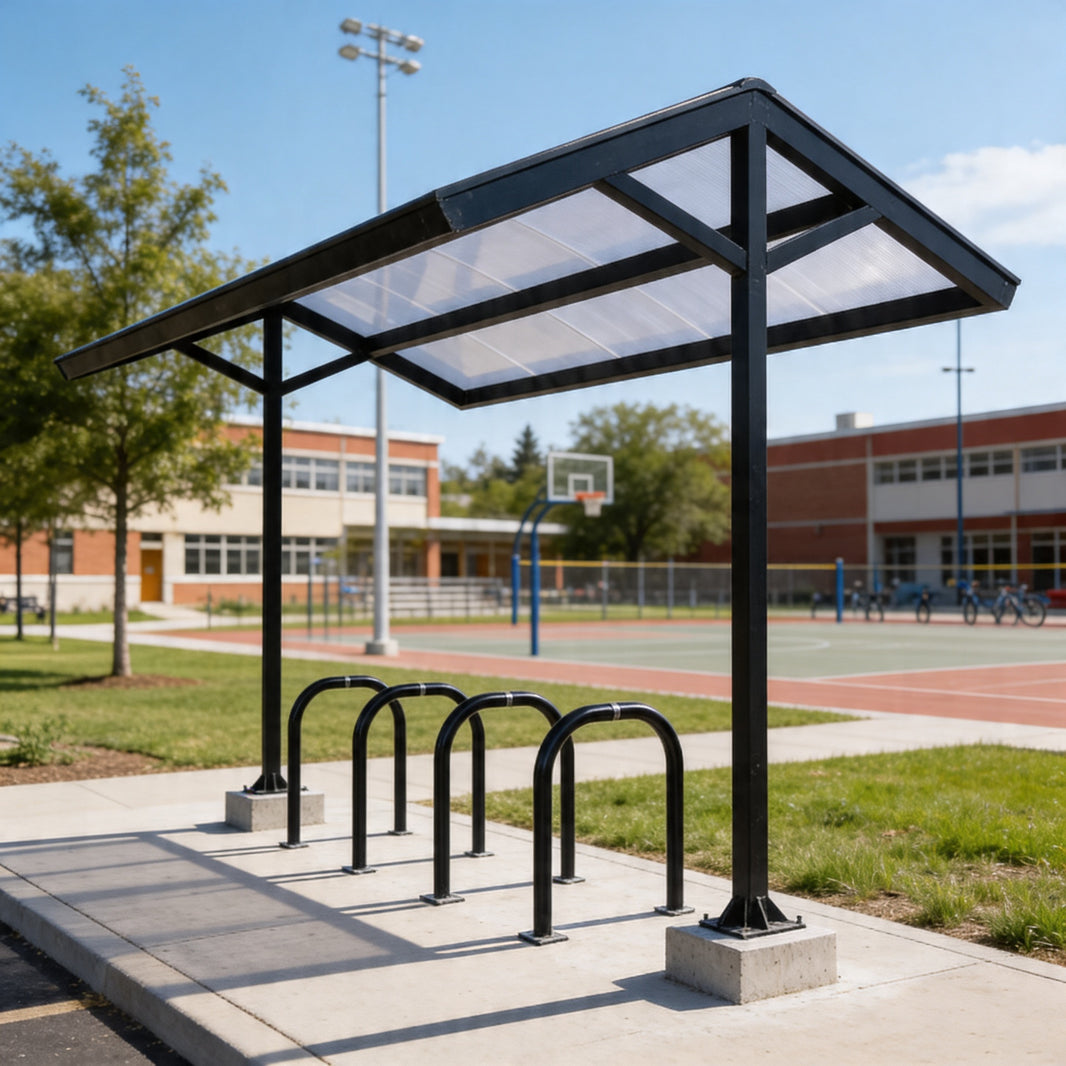 Bicycle shelter with bike racks in an outdoor setting, likely a school or community area.