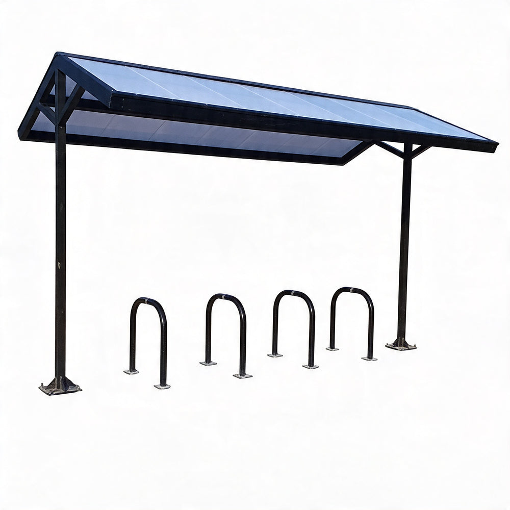 Bicycle parking shelter with a blue roof and metal racks on a white background