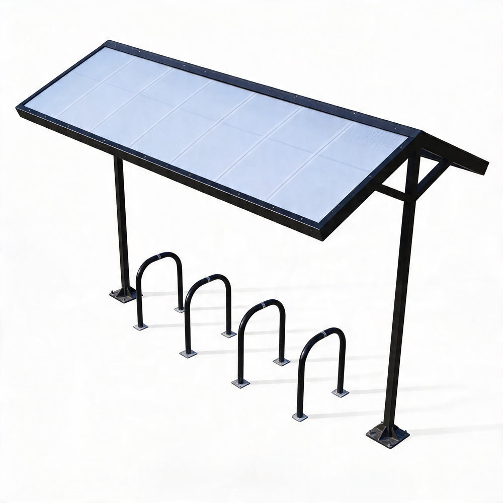 Solar panel bike shelter with four bicycle racks on a white background