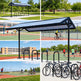 Collage of bike shelters and bicycle parking areas in a school setting.