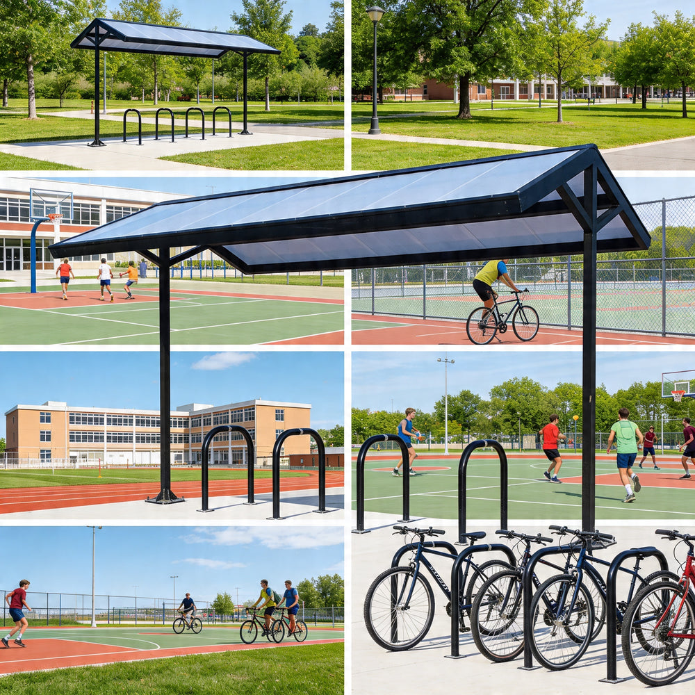 Collage of bike shelters and bicycle parking areas in a school setting.
