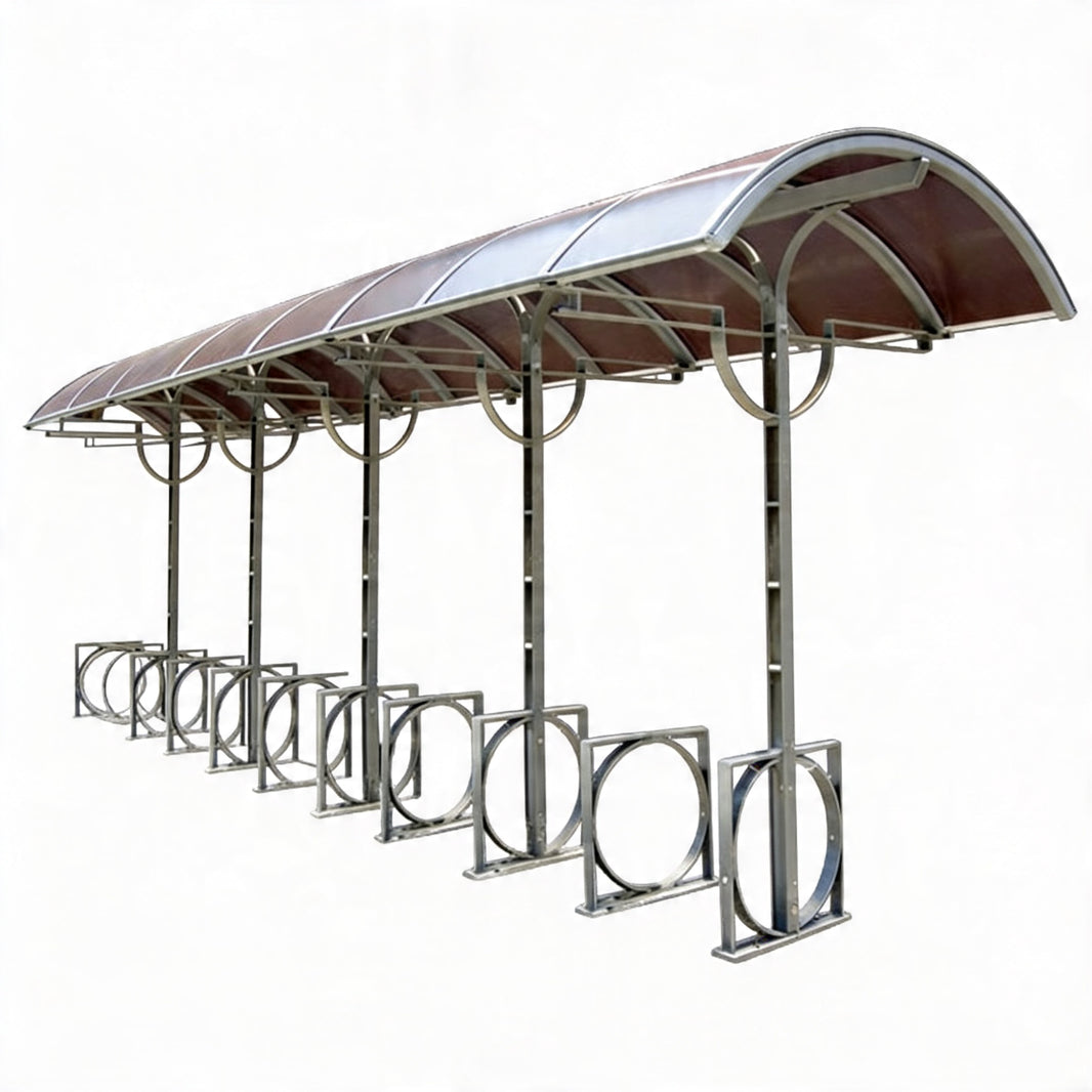 TAIMCO covered bike parking shelter with curved roof and integrated steel bike racks.