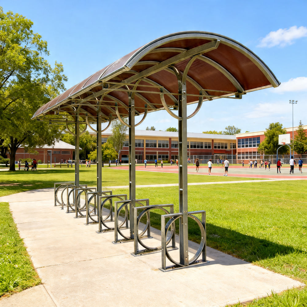Bicycle rack with a shelter on a school campus
