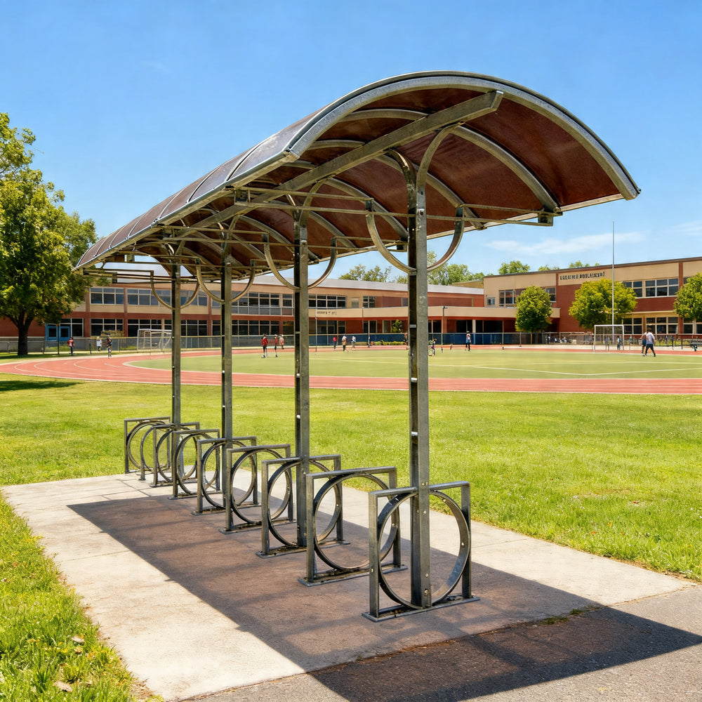 TAIMCO bike shelter installed in a park with curved roof and steel bike racks.
