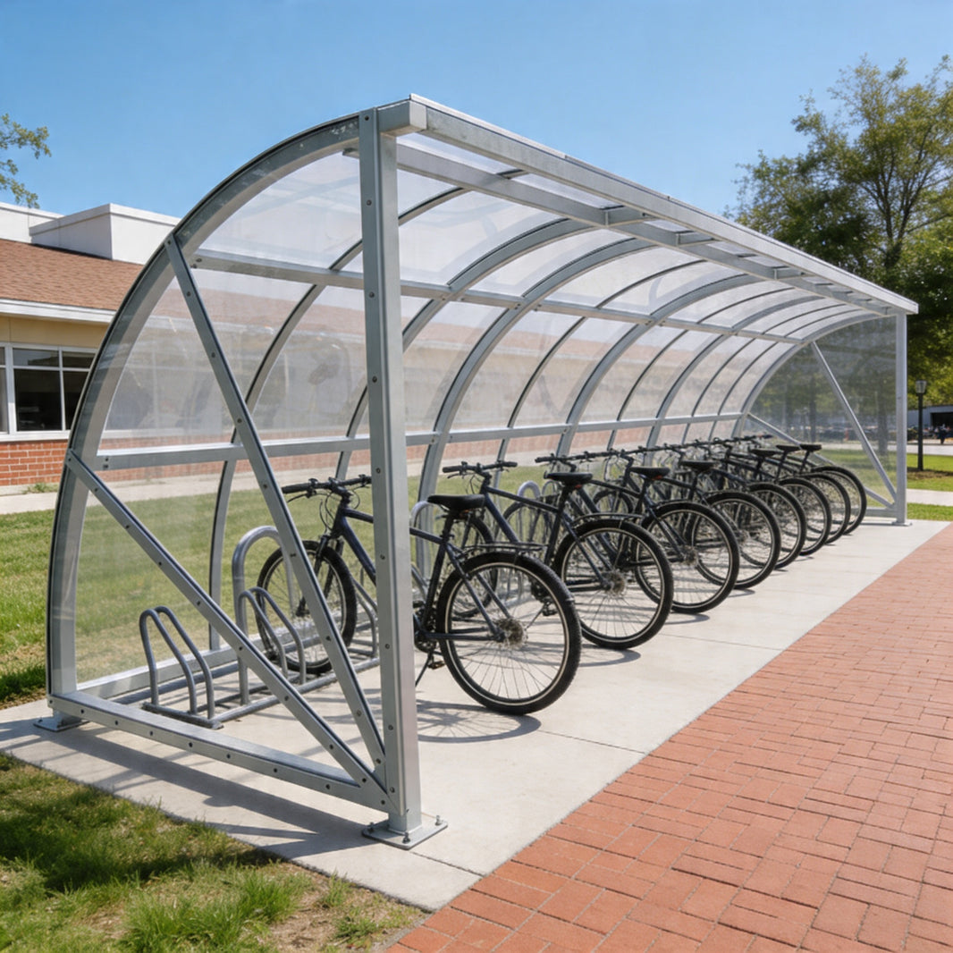 Bicycle shelter with multiple bicycles parked under it on a sunny day.