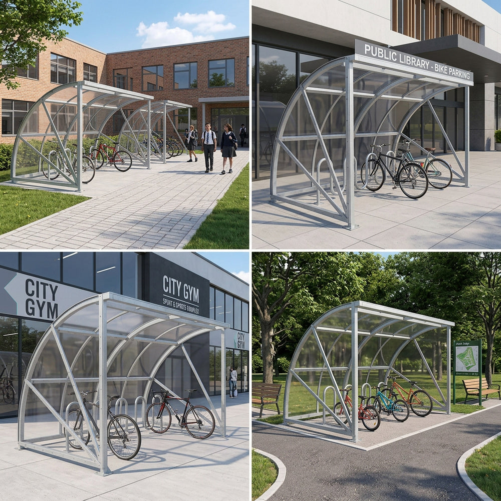 Collection of bicycle shelters in various locations including a city gym and public library.