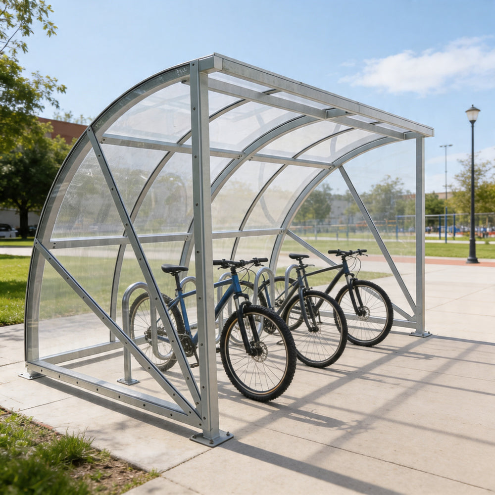 Bicycle shelter with three bicycles underneath on a sunny day.