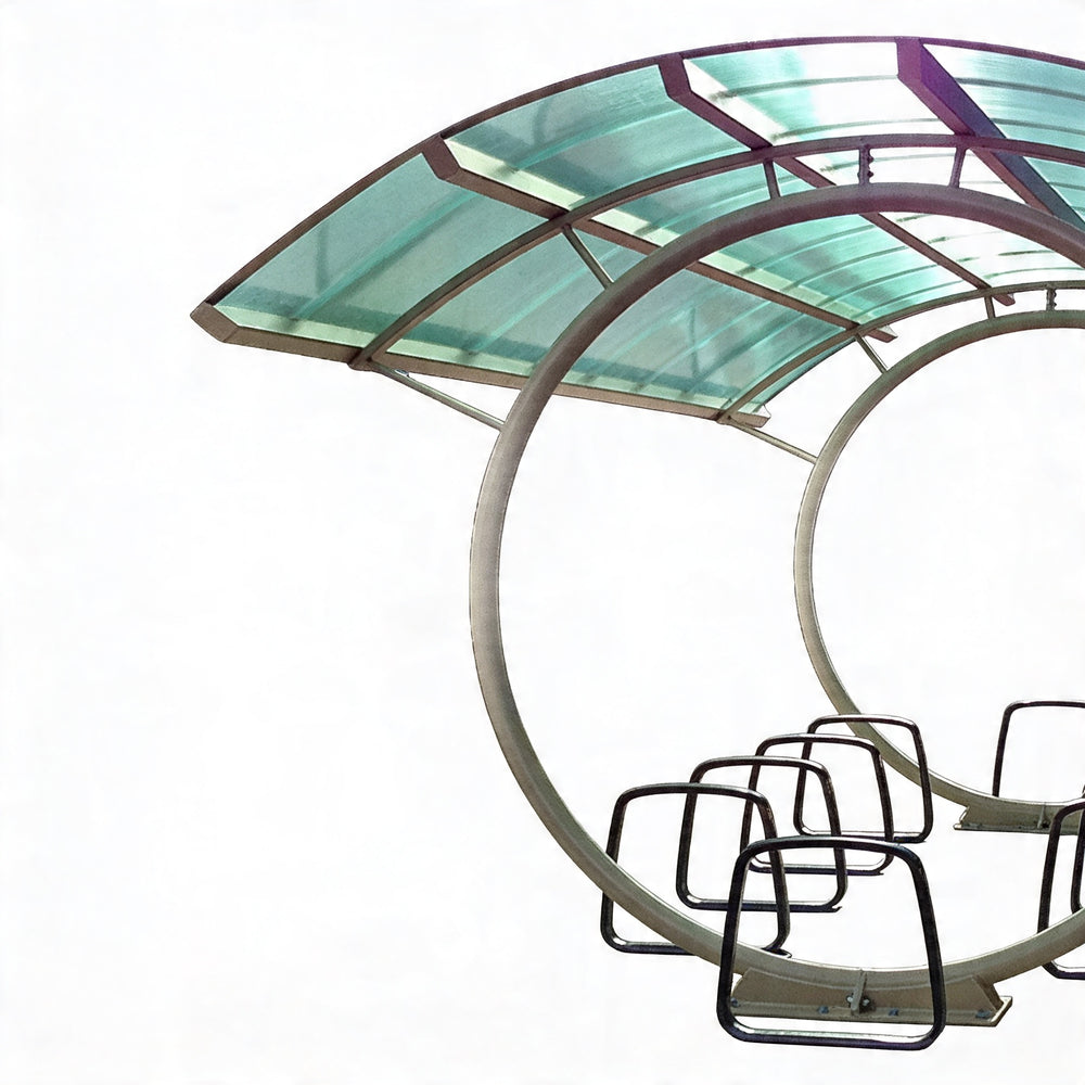 Modern outdoor canopy with curved glass roof and metal frame on a white background