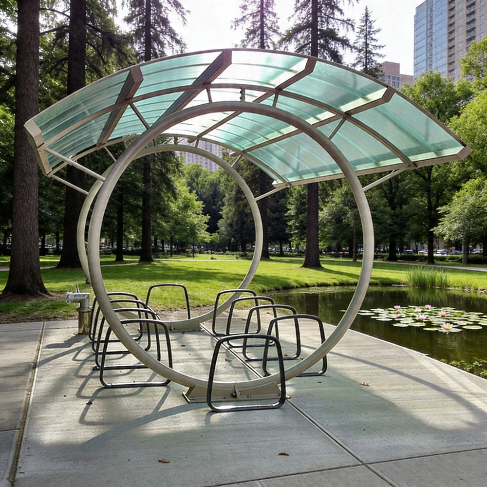 Modern circular canopy structure in a park with benches underneath